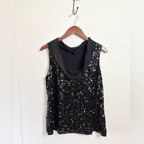 St. John black sequin embellished blouse sleeveless drape neck size 10 - Picture 1 of 4